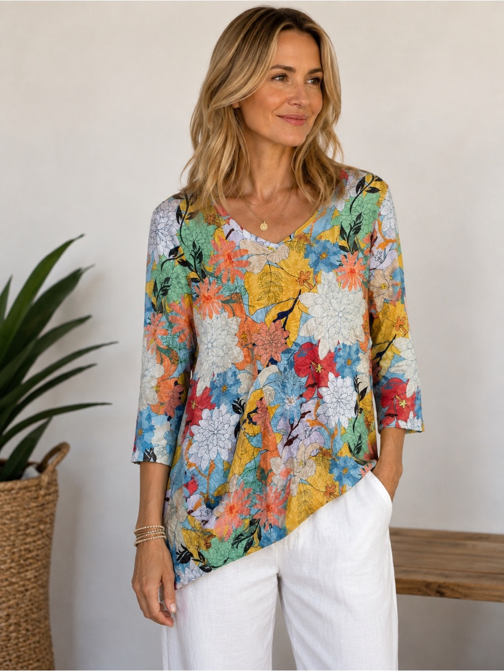 Shana Floral Asymmetrical Tunic Top Medium 3/4 Sleeve Colorful Artsy Boho